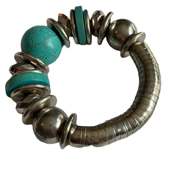 WOMEN’S Turquoise and Silver Elastic Chunky Bracelet Boho Style - Picture 4 of 4